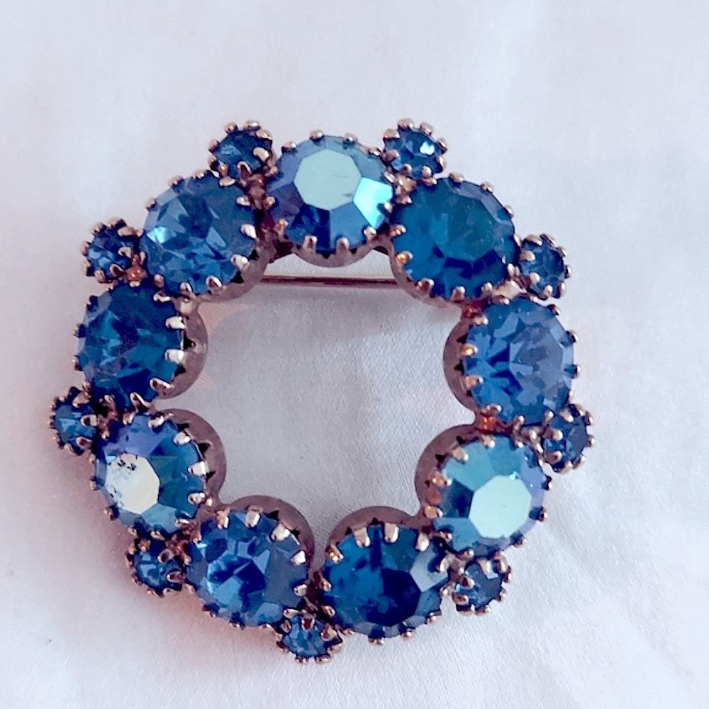 Vintage Brooch Blue Crystals Gold tone, Bridal Blue